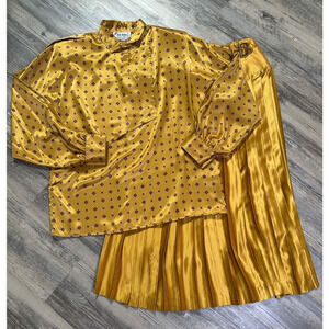 Vtg Jac Dale Gold Blouse & Pleated Skirt Outfit Yellow Satin 70s 80s Size 10/40